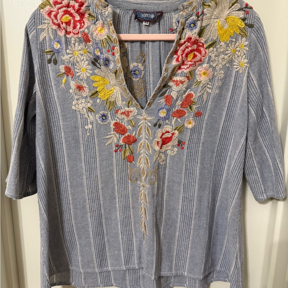 Johnny Was Blue Embroidered Women's Top